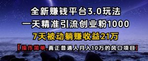 全新赚钱平台3.0玩法一天精准引流创业粉1000.7天被动躺Z收益21W【仅揭秘】-江南创业网