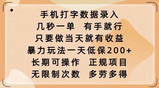 手机打字数据录入，几秒一单，有手就行，只要做当天就有收益，暴力玩法一天低保2张-江南创业网