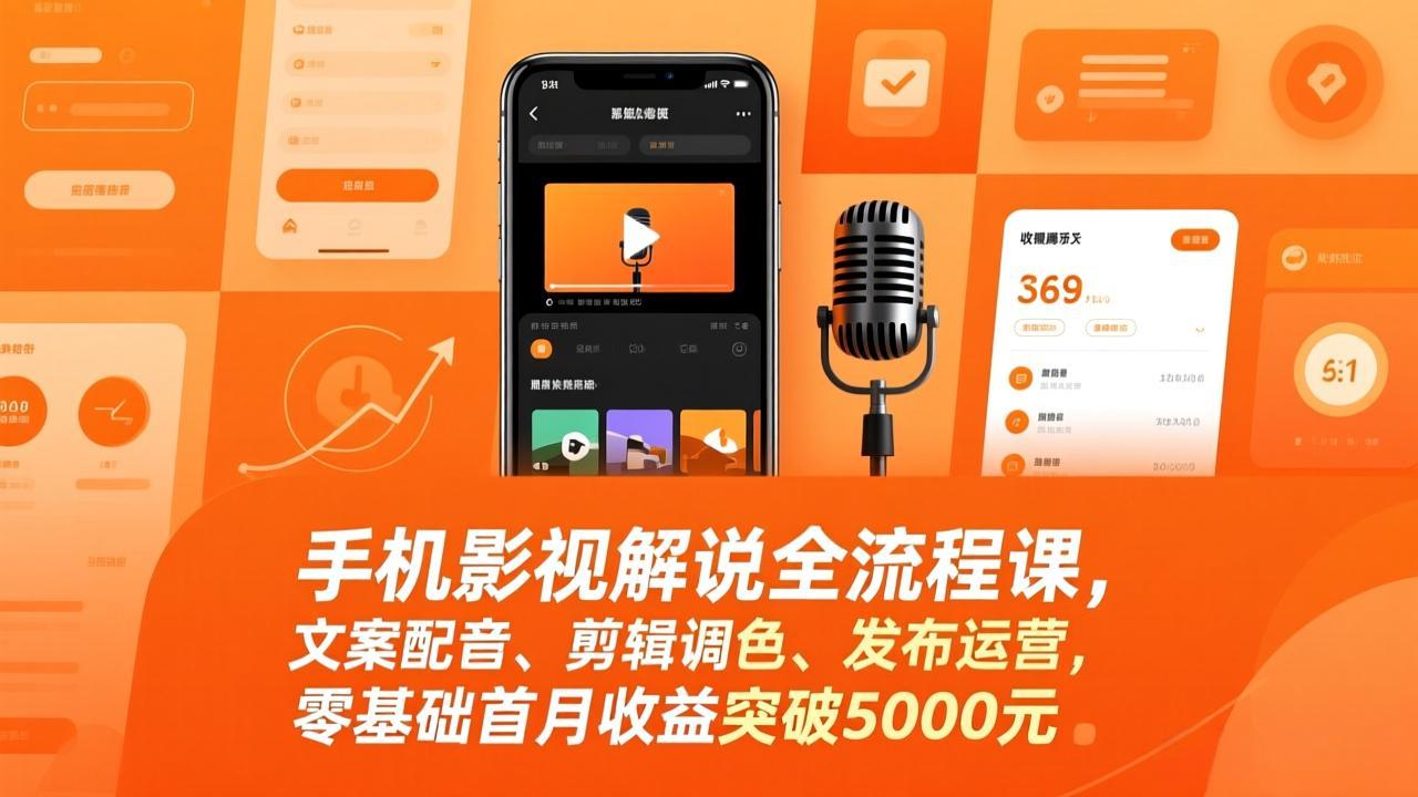 手机影视解说全流程课，文案配音、剪辑调色、发布运营，零基础首月收益突破5000元-江南创业网