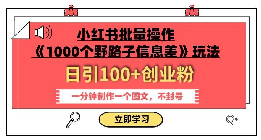 小红书批量操作《1000个野路子信息差》玩法，一分钟制作一个图文，不封号，日引100+创业粉-江南创业网