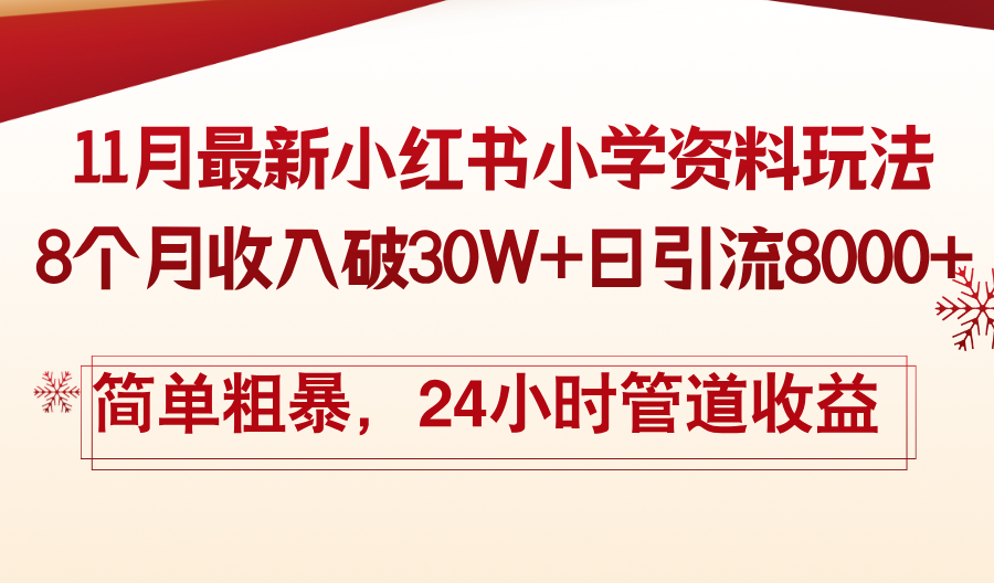 11月份最新小红书小学资料玩法，8个月收入破30W+日引流8000+，简单粗暴-江南创业网