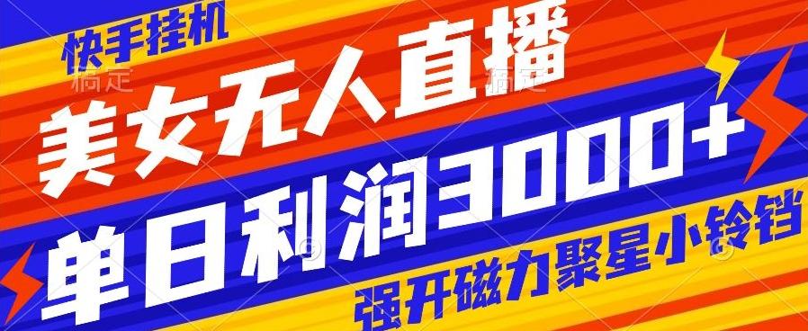 快手挂机，美女无人直播，强开磁力聚星小铃铛，日入3000+-江南创业网