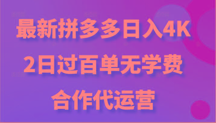 最新拼多多，日入4K+，2日过百单无学费，合作代运营-江南创业网